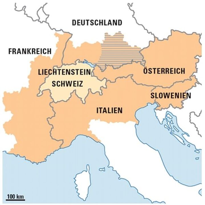 Karte Alpenraum EFRE Kooperationsgebiet